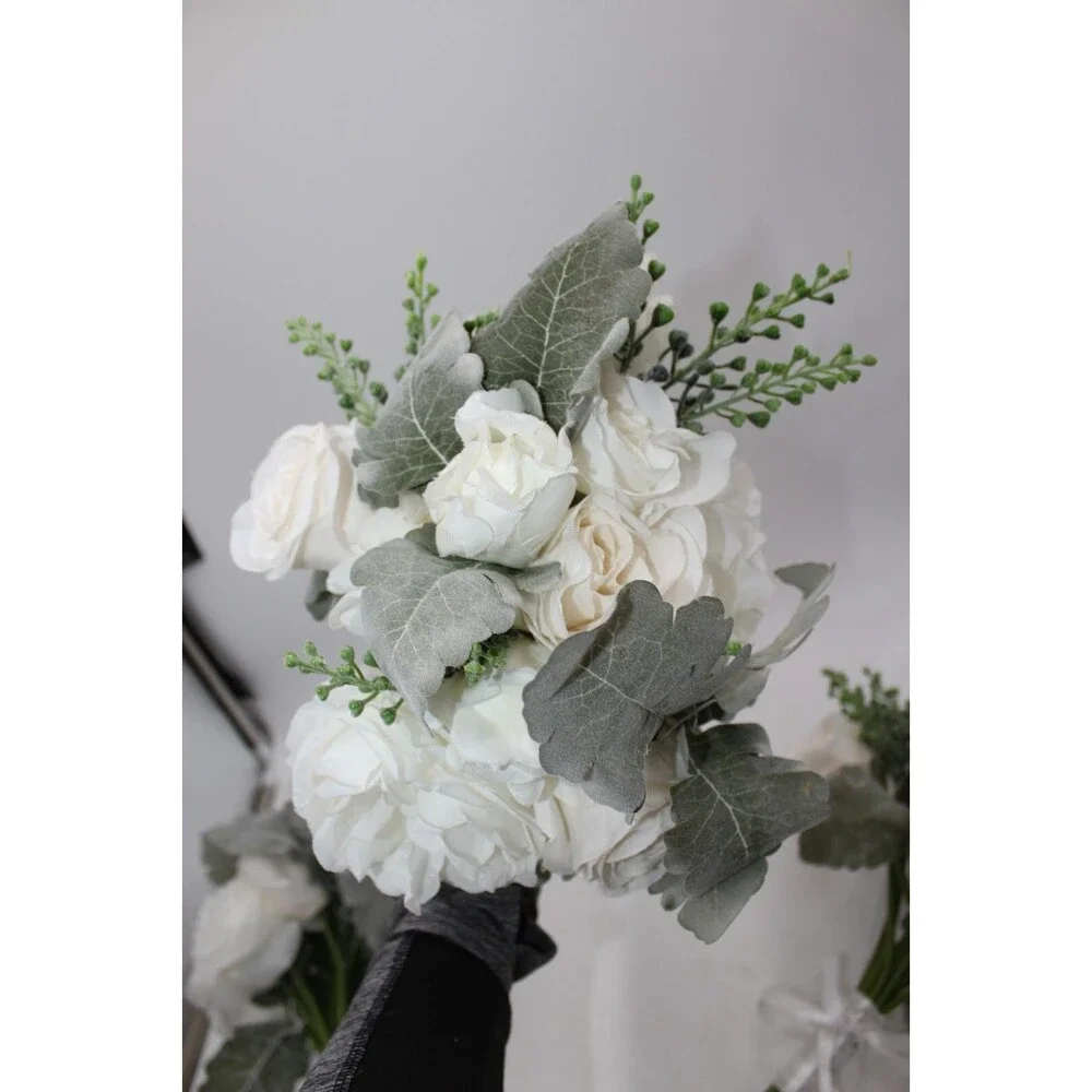 Wedding Artificial Flower Bouquet Lot of 3 Bridesmaid Bridal Flower Girl WHITE
